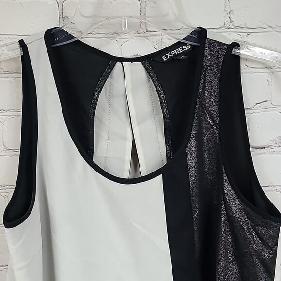 Express Black Cream Silver Color Block Metallic Open Back Sleeveless Work Blouse - Picture 3 of 11